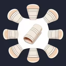 a group of wooden pieces that have been turned into an object,a round table with several pieces of bread in the middle,round paper with an interlocked ring on the middle,top view of table made from paper and with rolled up napkins,a table with an unusual looking object on it