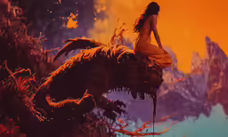 the fantasy artwork depicts an animal being riding on a dragon