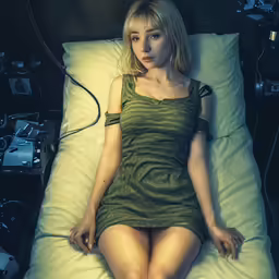 a women laying on a bed with cameras around her