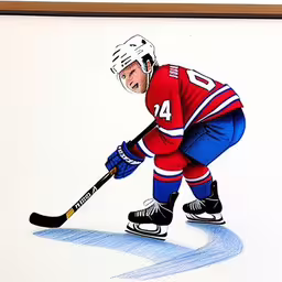 a painting of a hockey player, wearing red jersey