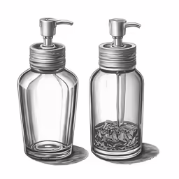 some soap dispensers are shown with silver lids
