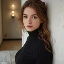 a beautiful young woman leaning against a wall in a black sweater