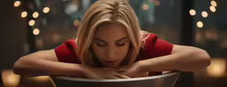 an attractive woman sits in a silver bowl