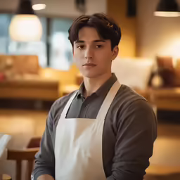 a young man is standing in front of a table and chair