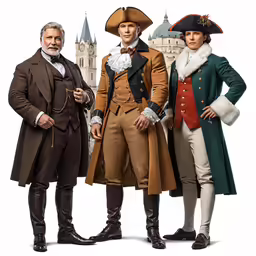 three men in colonial costume posing for a picture