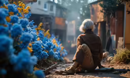a woman is sitting down looking out the window