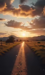 the sun is shining on the horizon in a road