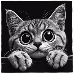 a black and white photograph of a kitten with big eyes