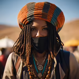 a woman with dreadlocks and an orange striped hat with a black face covering