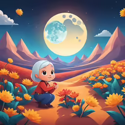the little girl sits on a desert at night