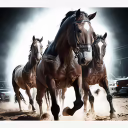 three horses that are galloping down a dirt field