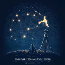 the silhouette of a man sitting in front of an astronomical map on a hill