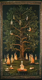a large tree surrounded by white candles with angel figurines