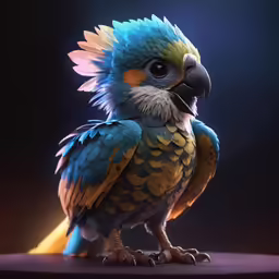 a colorful, bird - like animal sits atop a table