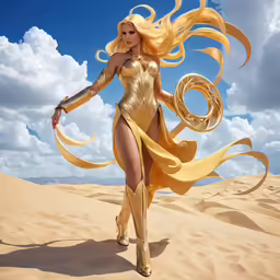 a woman in a golden outfit in the sand