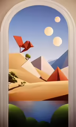 a painting of a desert with trees and hills is seen through an arch in an arched window