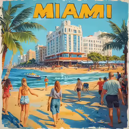 a painting of people walking on a beach near buildings