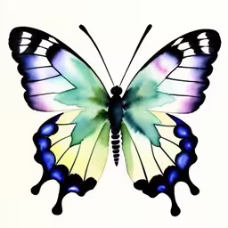 a butterfly that is painted with watercolors,a close up of a very colorful butterfly,a watercolor painting of a butterfly with no wings,a watercolor painting of a yellow and blue butterfly,a large butterfly with multi - colored wings and dark wings