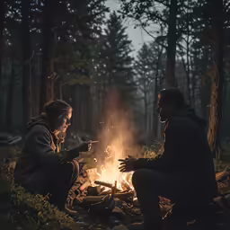 two men sitting in the woods near a campfire and smoking a cigarette