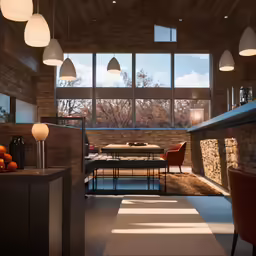 a modern living room with windows and a dining area