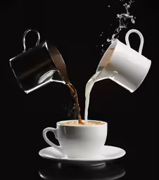 two coffee cups are pouring milk into each other