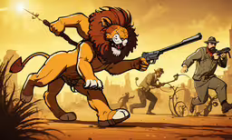 an animated scene depicting an animal with a gun,an illustrated illustration of a man with a gun running and another man holding a gun