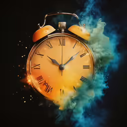 a clock in the air with colored smoke