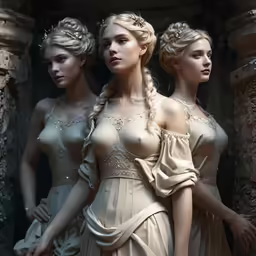 three girls standing in front of a stone building