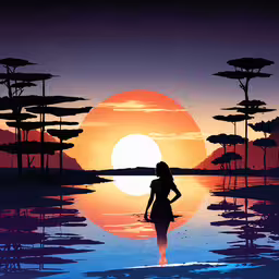 a beautiful young lady standing in front of a lake,a person standing by the water with an orange sunset