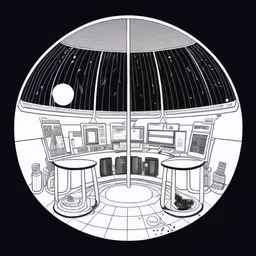 a pen drawing of computers inside a room,a drawing shows a computer lab with many screens and chairs