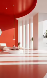 an empty room with white and red walls