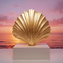 the sculpture is being displayed at sunset on a seashore