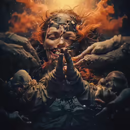 there is a man with many hands touching his lips