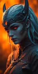 a woman with blue hair and horns is staring