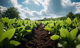 a field with green plants growing in the dirt