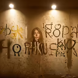 a woman with long hair wearing sunglasses standing near graffiti wall