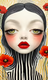 a woman with red flowers in her hair