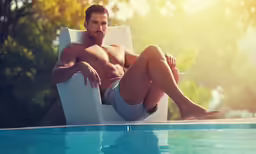 a man in a gray shirt sitting on top of a chair near a swimming pool