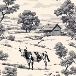 an illustration of a cow in front of a farmhouse