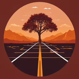 this is a very neat art poster with an orange and brown sky,the large tree sits on the side of the road