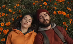 a man and woman laying in some flowers