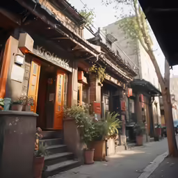the street has pots with plants outside of it
