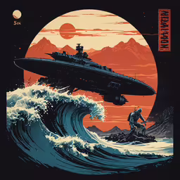 an old poster with a jet fighter flying over a boat,a large poster of two men sitting on the top of a ship