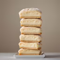 five small square dessert slices stacked on top of each other