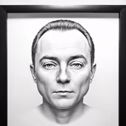 a portrait drawing of a man in an almost empty frame