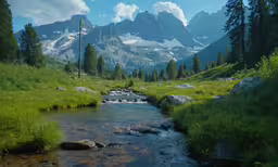 a stream running through the middle of a green hillside