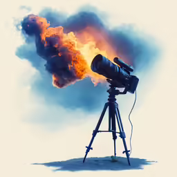 a camera on top of a tripod on fire