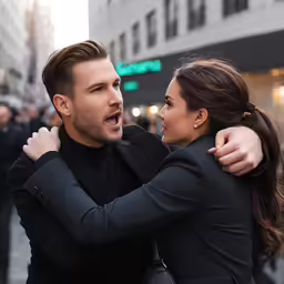 man in suit hugging another woman while in the city
