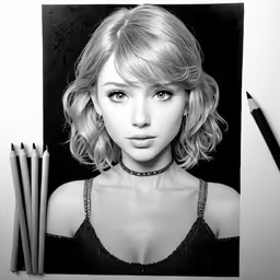 a picture with some pencils on it and a woman in the background
