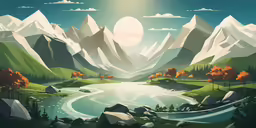 a painting of the mountains and river